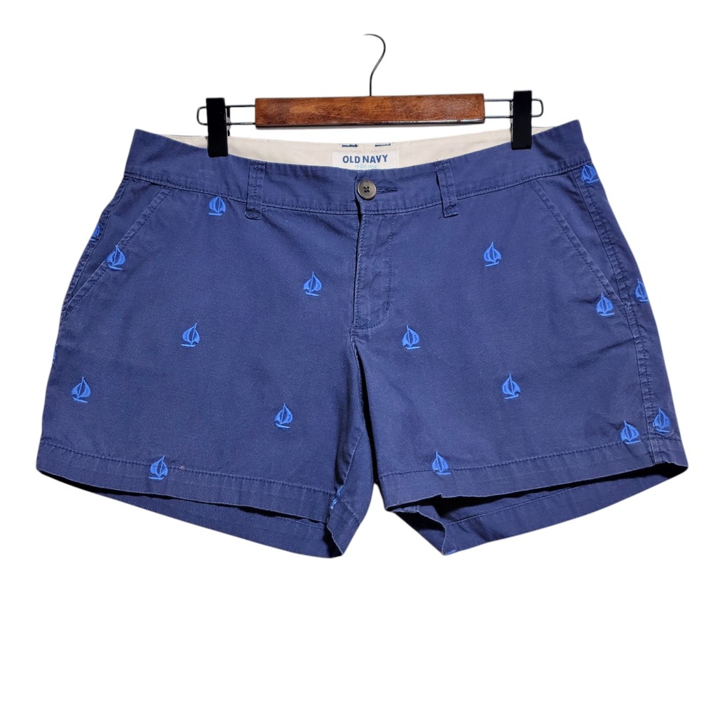 Old Navy Womens 4 Chino Shorts Blue Embroidered Sailboat‎ Nautical 100% Cotton